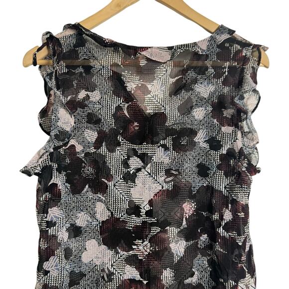 Cabi Black Floral Print Sleeveless Ruffled Sheer V-Neck Blouse Size Small - Picture 7 of 8